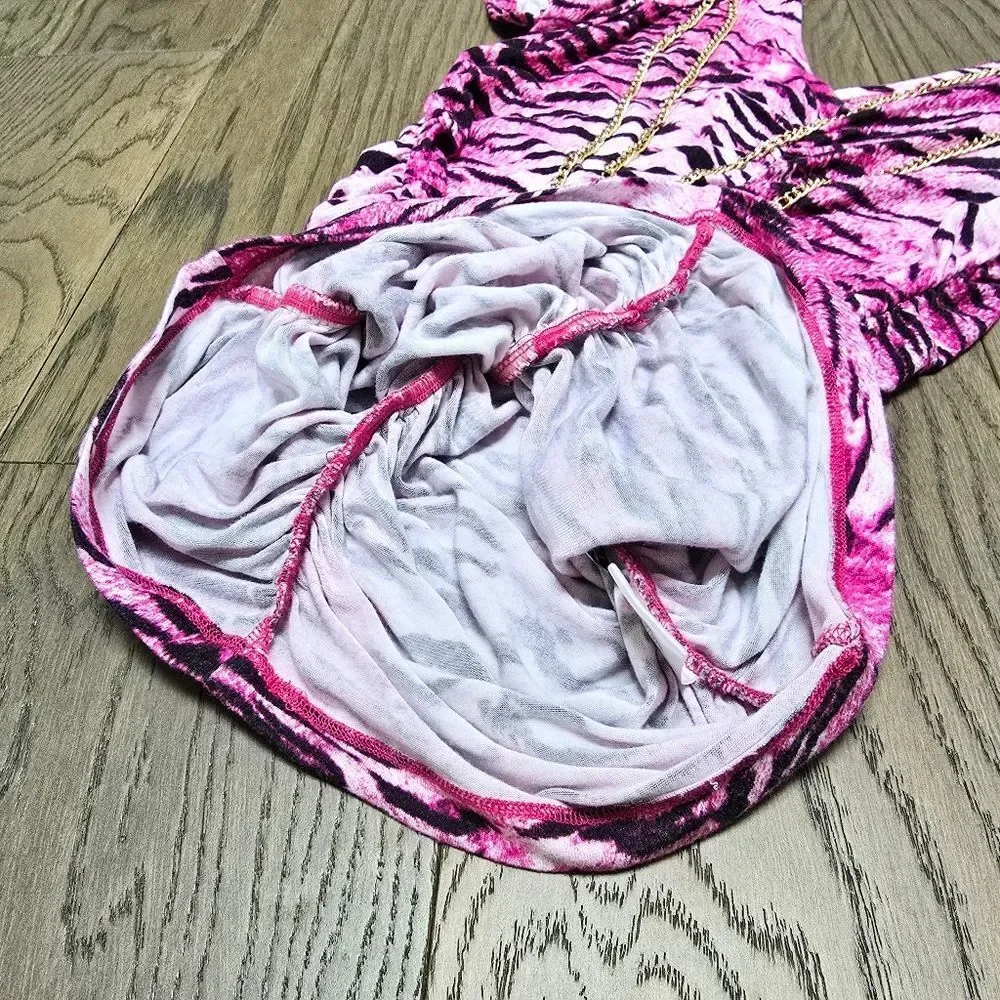 COOGI Y2K Ruched Plunge Zebra Print Mini Dress in Electric Hot Pink - Picture 8 of 16